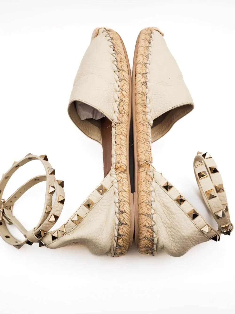 Valentino Garavani Rockstud Ivory Leather Espadrille Ankle Strap Flats EU 39